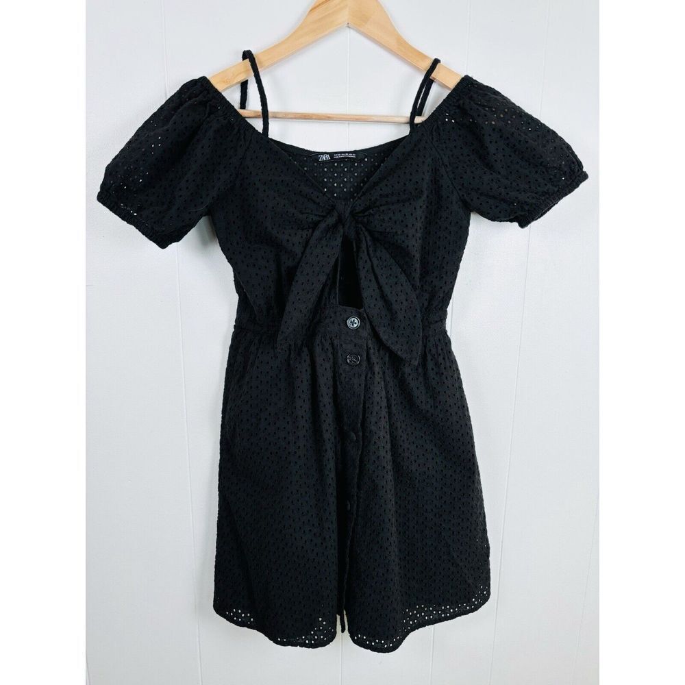 ZARA Black Eyelet Mini Dress Embroidered Tie Front Women’s Size XS